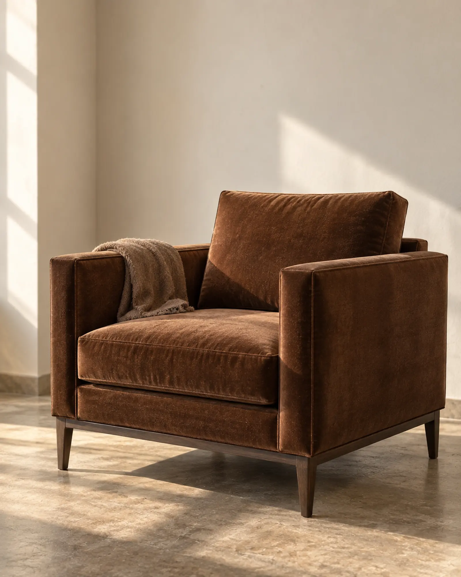 A tobacco velvet accent chair with a walnut base