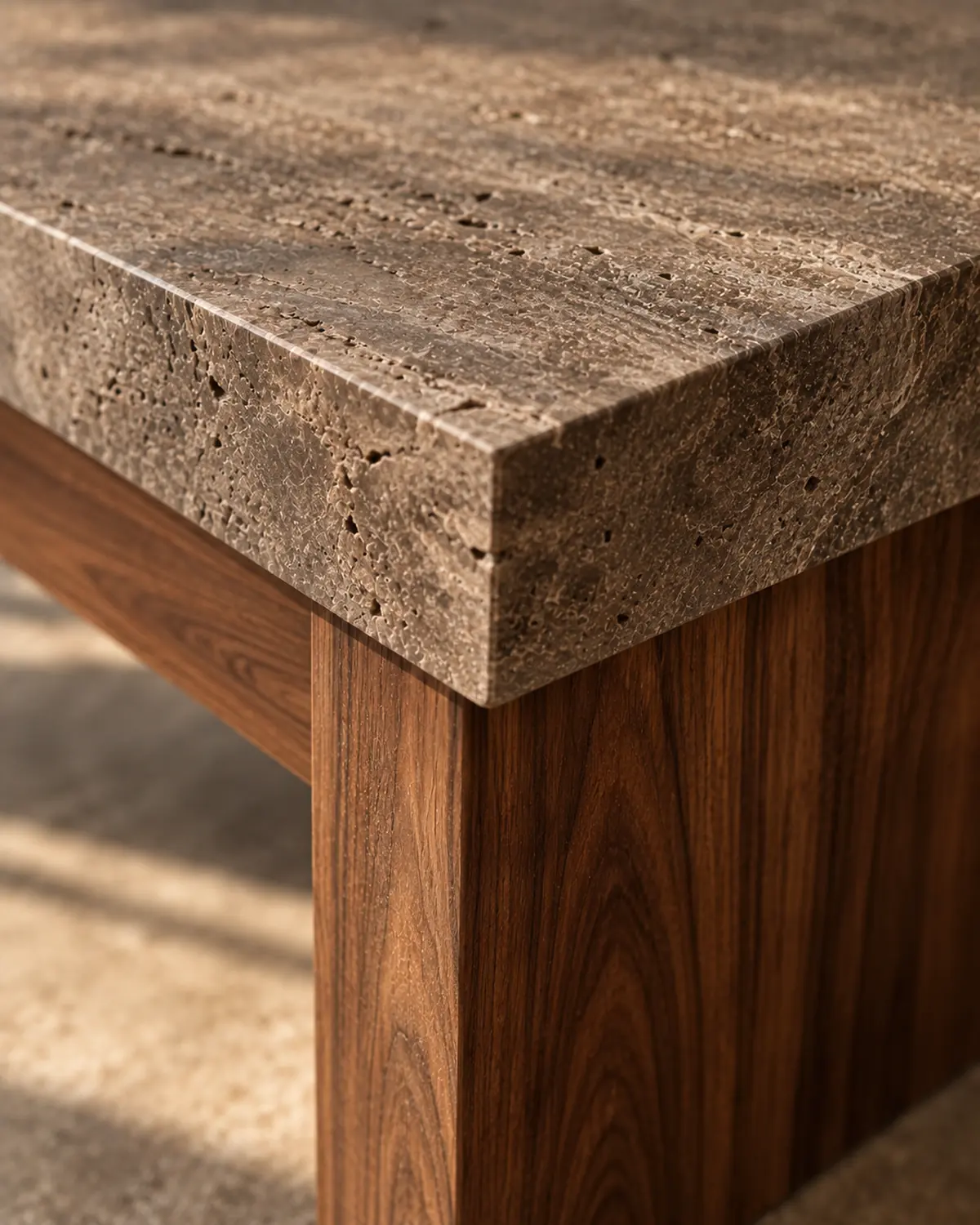 Close detail of the centre table's textured travertine stone edge meeting the walnut base