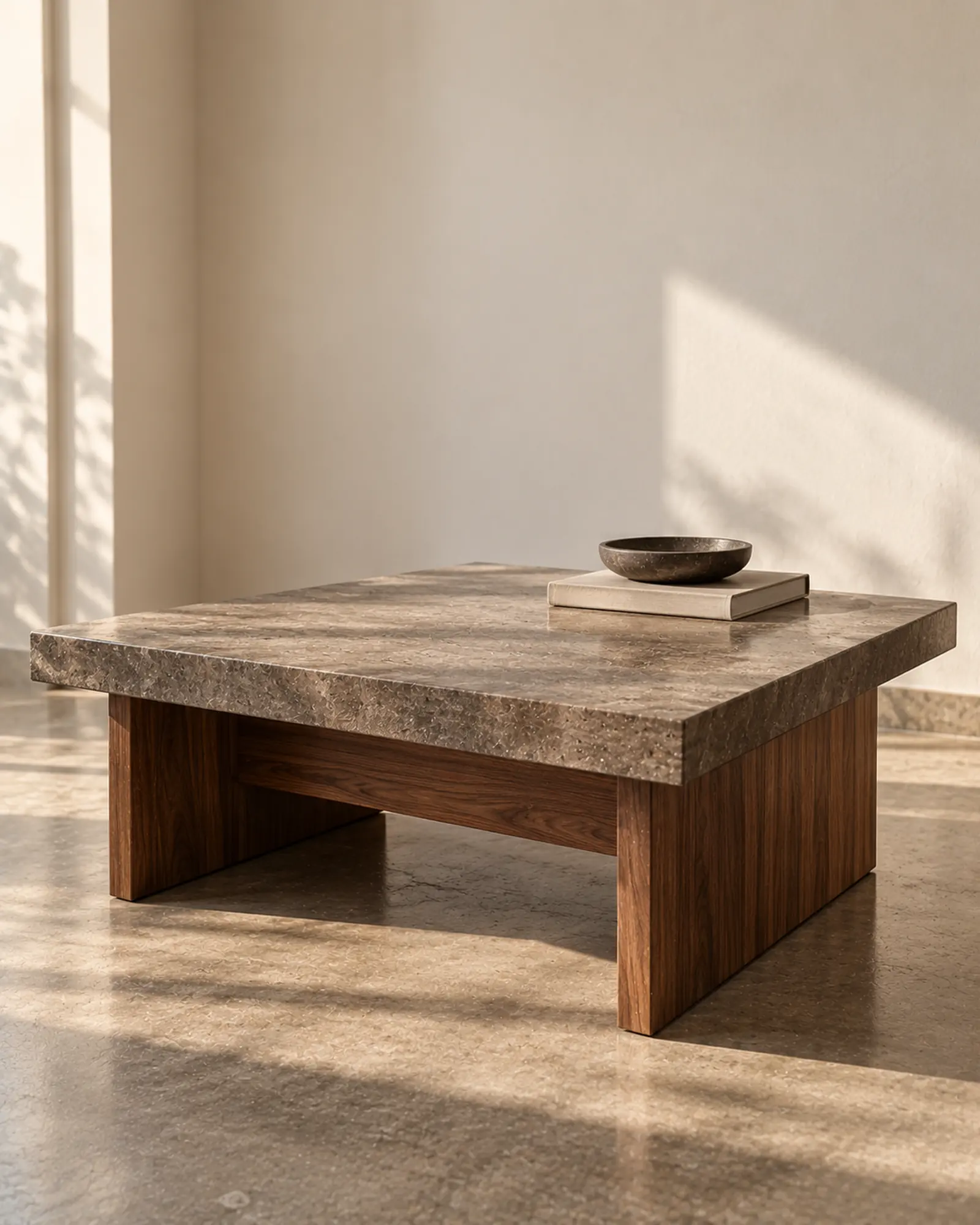 A low centre table with a travertine stone top on a walnut base