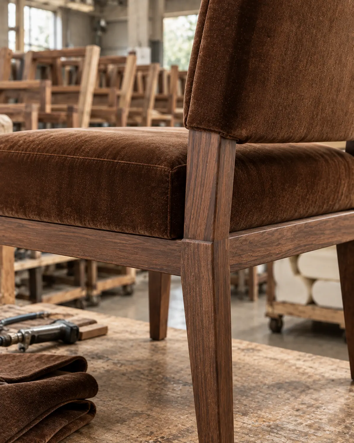Close detail of a commercial chair's walnut frame joint on the factory floor