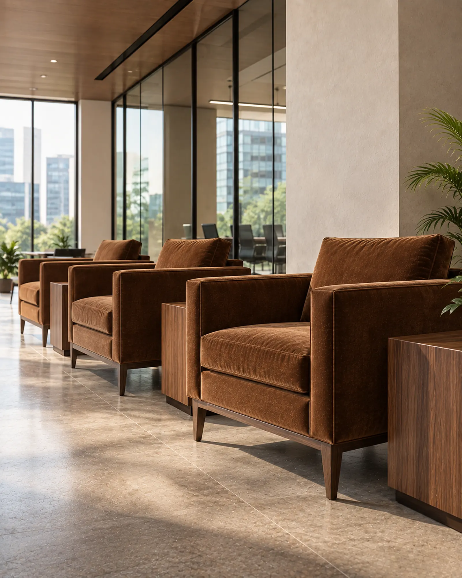 A row of tobacco velvet lounge chairs with walnut side tables in an office lobby