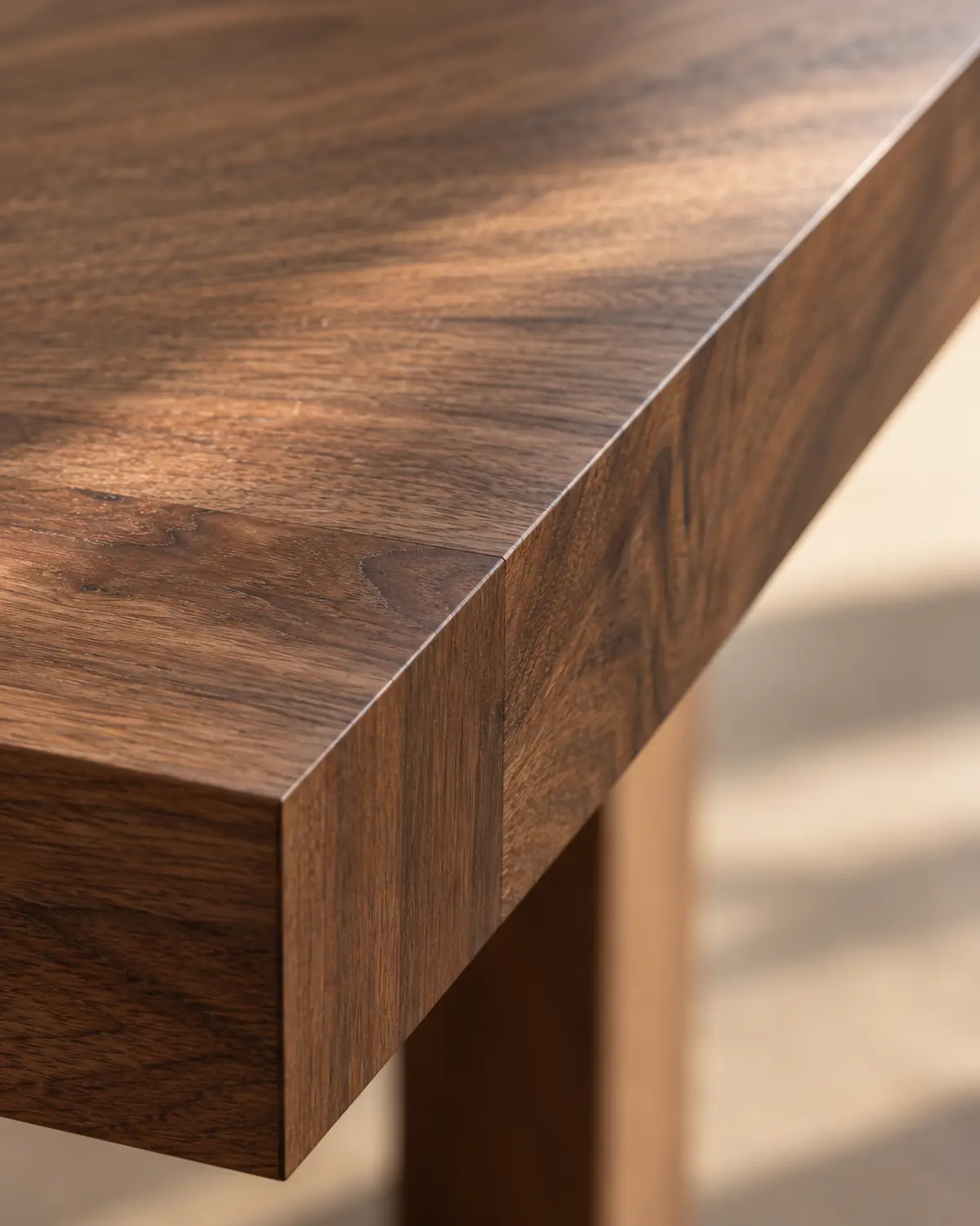Close detail of the dining table's solid walnut edge profile and mitred corner joint