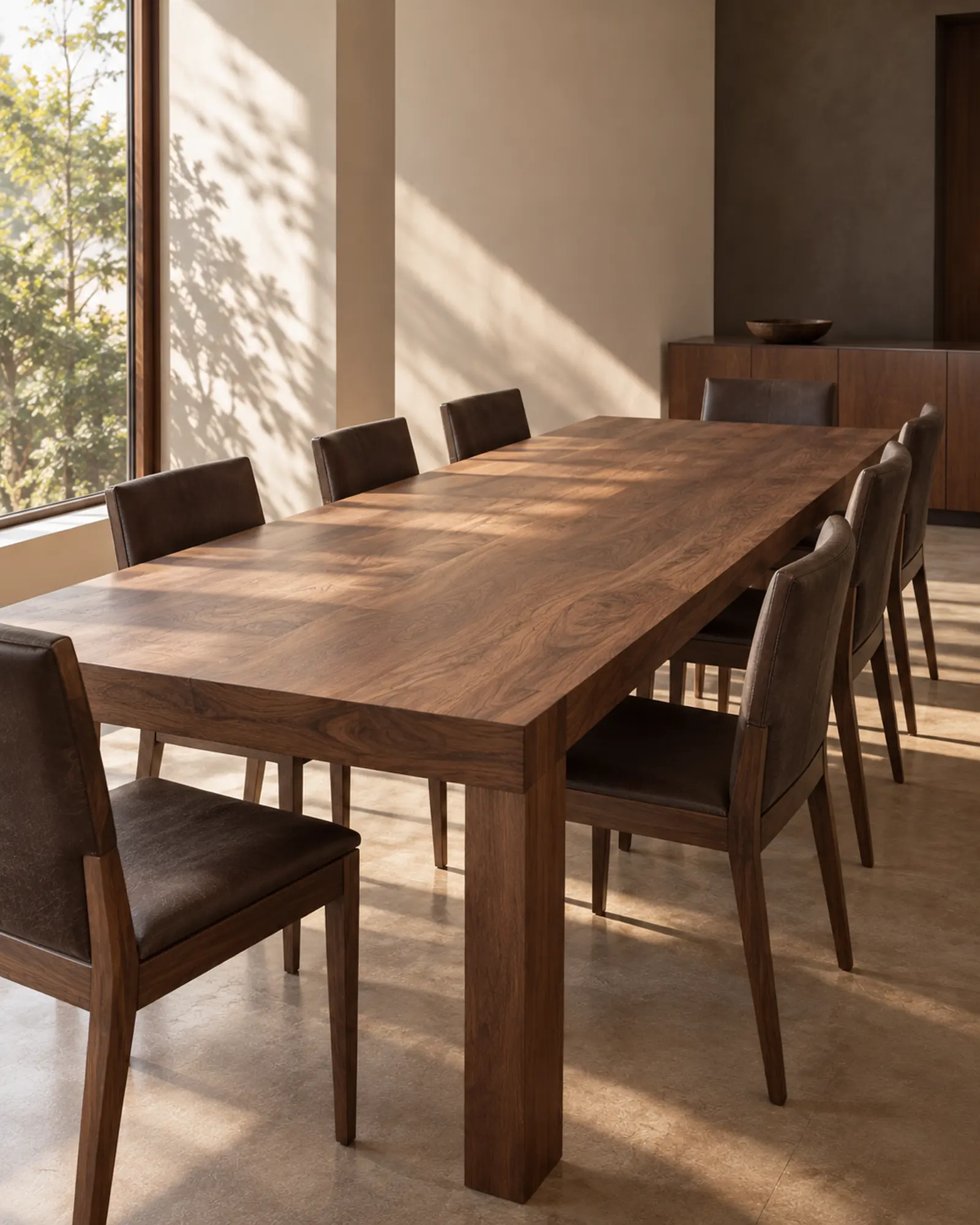 An eight-seat solid walnut dining table with a book-matched grain running the length of the top