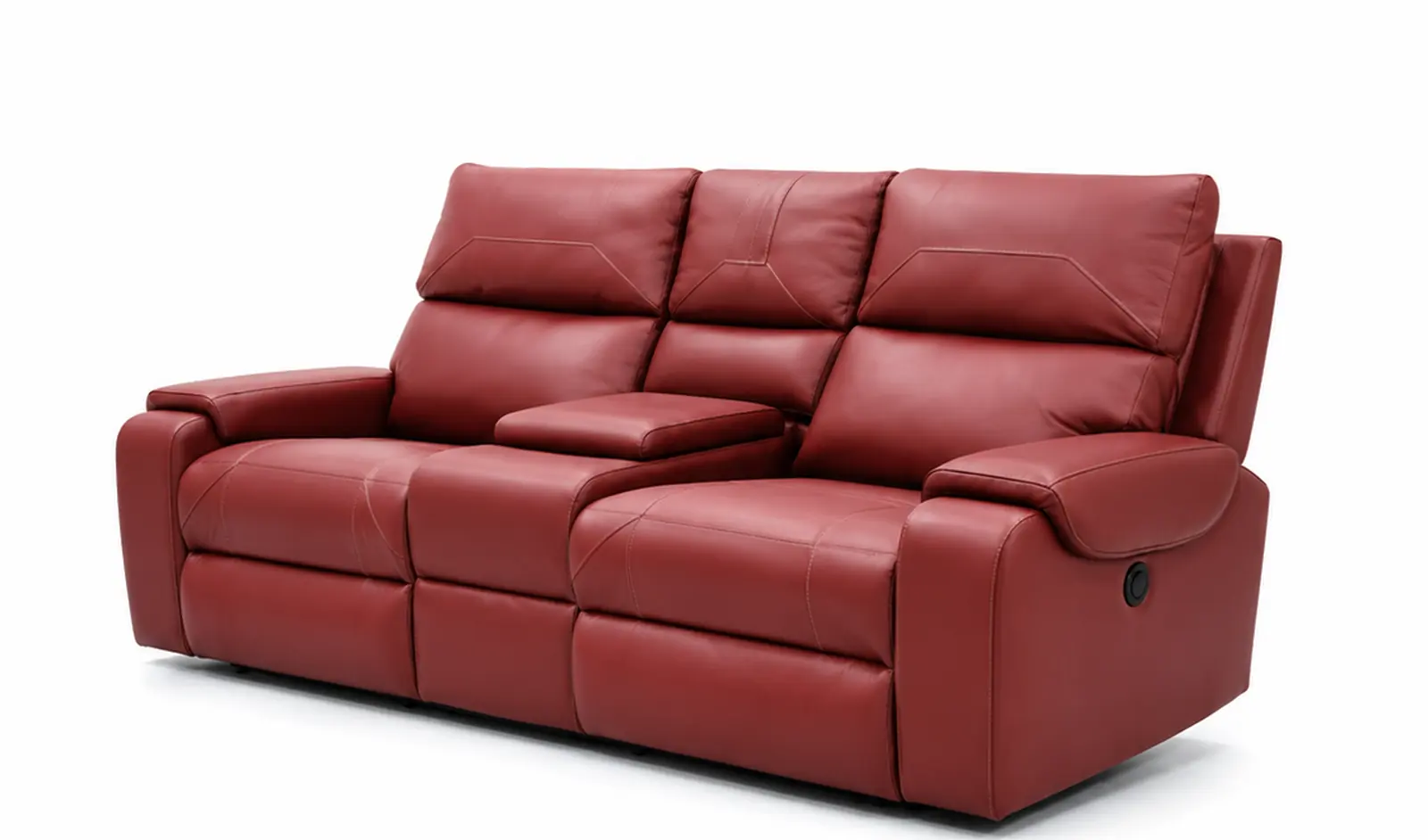A three-seat reclining sofa in deep red leather with a drop-down centre console, contrast stitching across the backrests and a side recline control