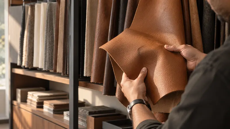 A client's hands holding a camel full-grain leather sample against the shelved material library