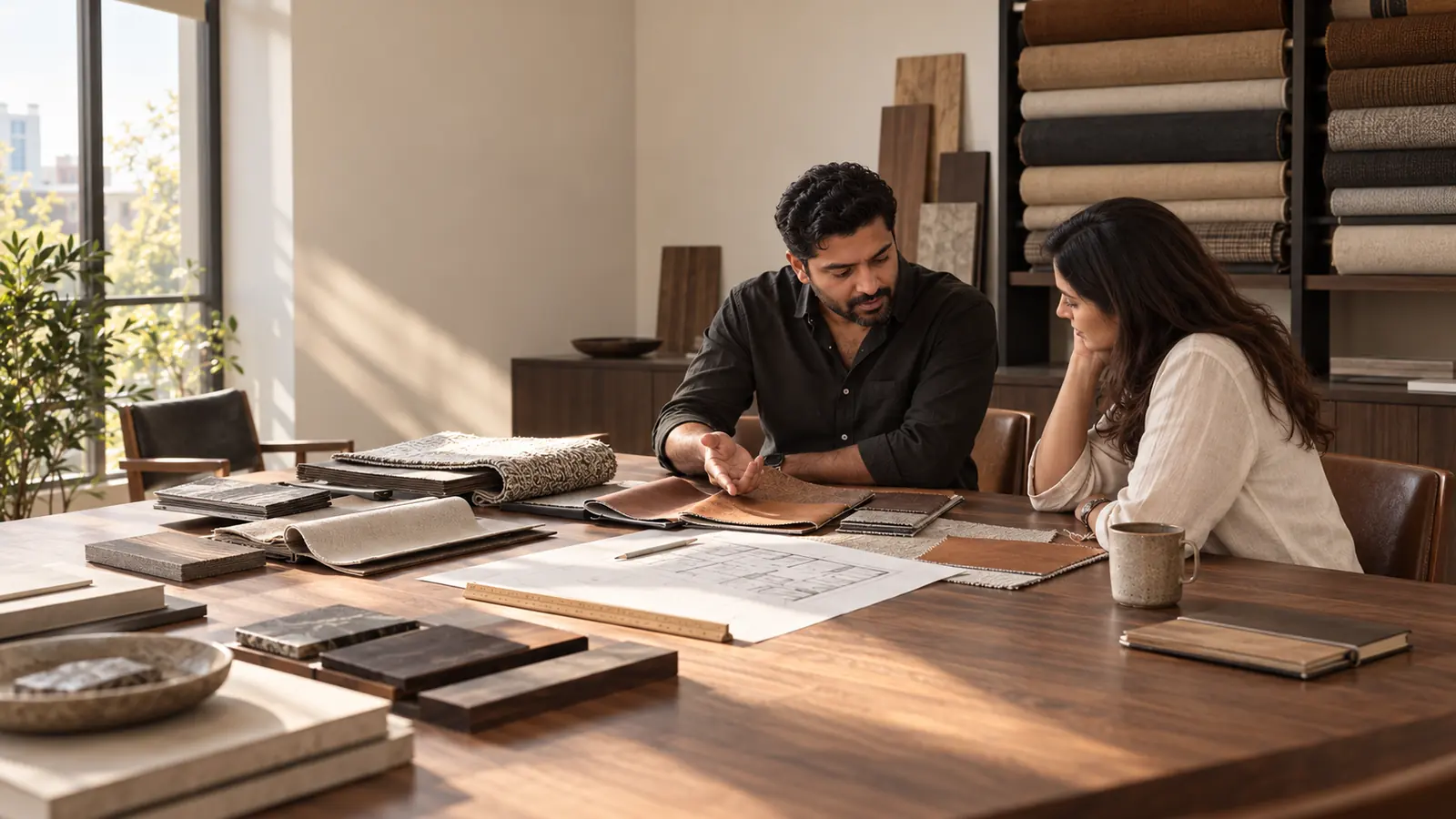 A designer and client at a walnut worktable in the Gachibowli design centre, reviewing leather and fabric samples with a floor plan between them