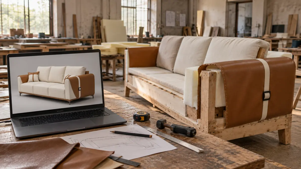 A sofa render on a laptop beside the same design part-built on the factory floor, with a drawing, pencil and tape measure on the bench