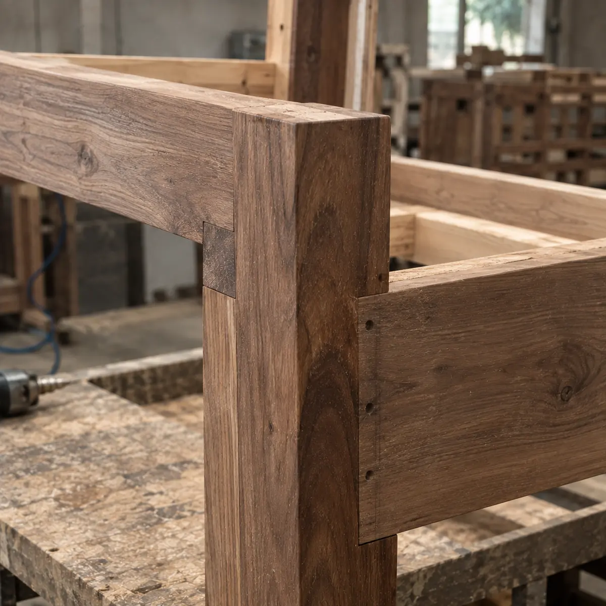 Close detail of a solid walnut frame's corner joint, showing grain and a crisp square joinery line