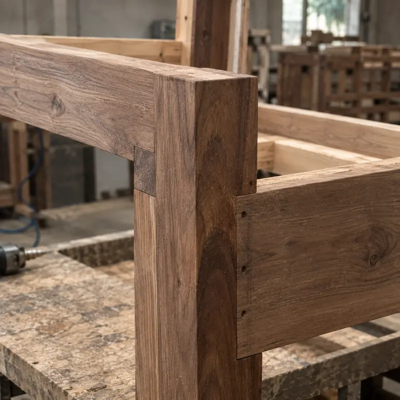 Close detail of a solid walnut frame's corner joint, showing grain and a crisp square joinery line