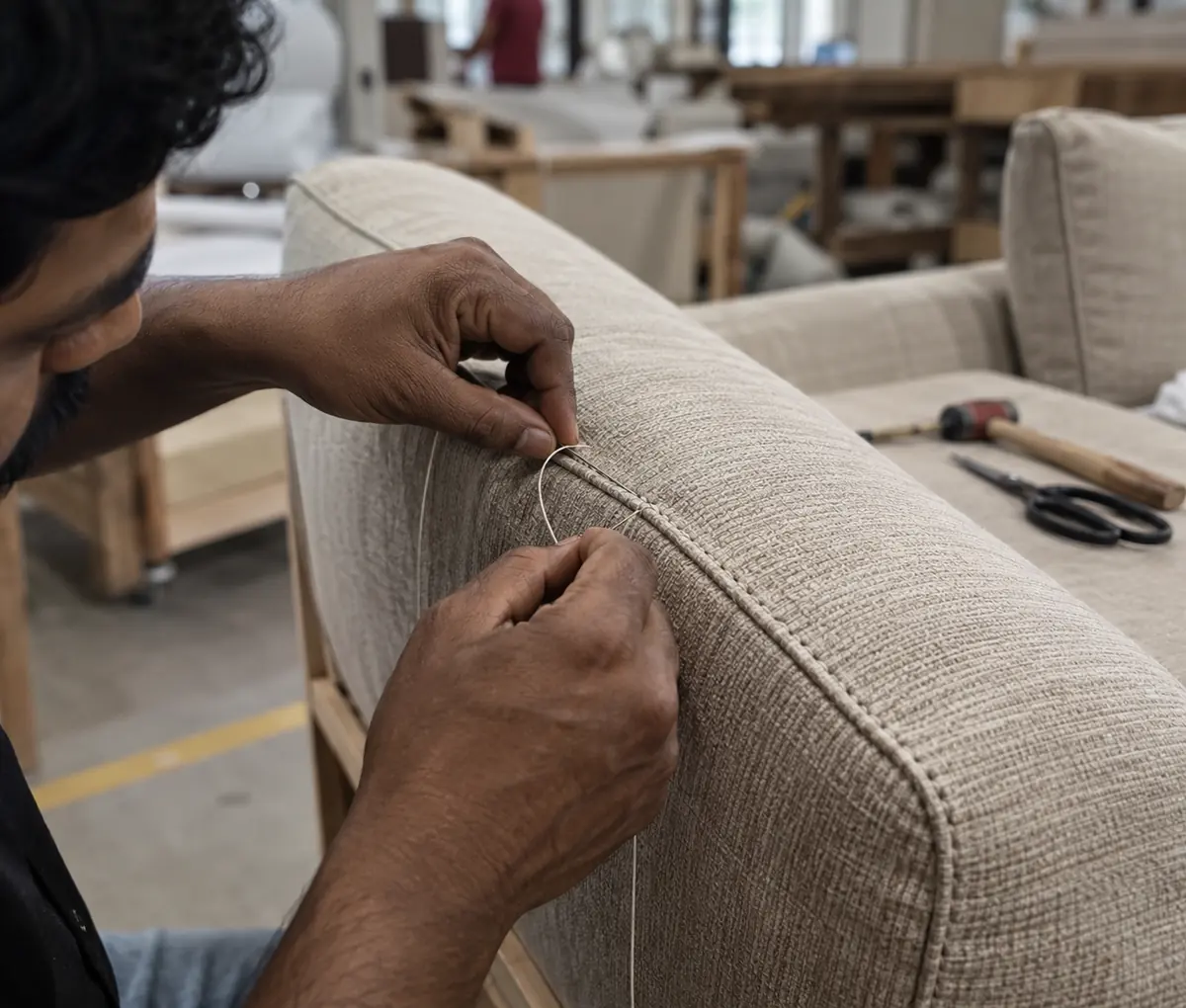 Close detail of hands hand-stitching a seam along a sofa arm's edge