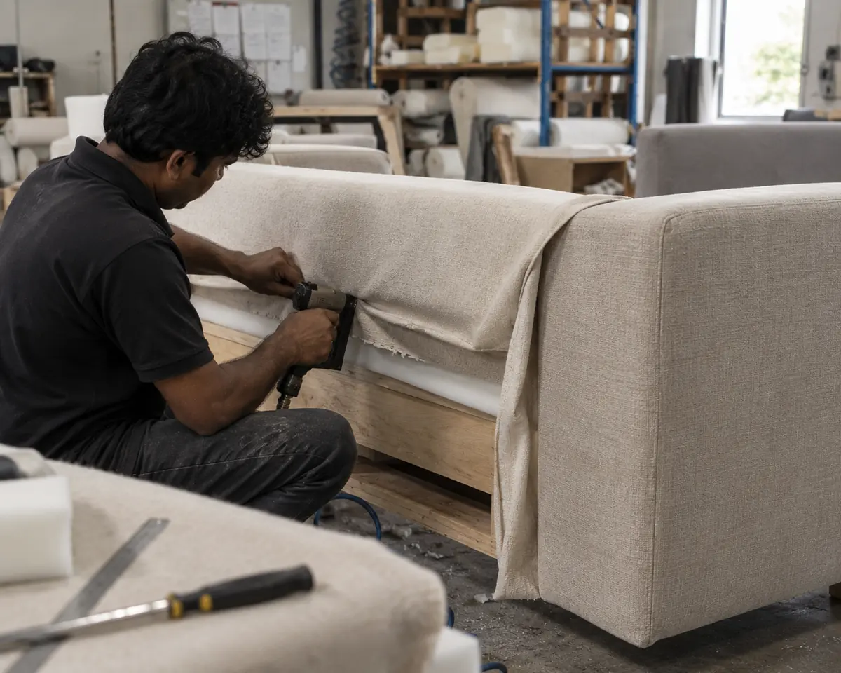 A craftsperson stapling fabric taut over a sofa frame's fill during upholstery