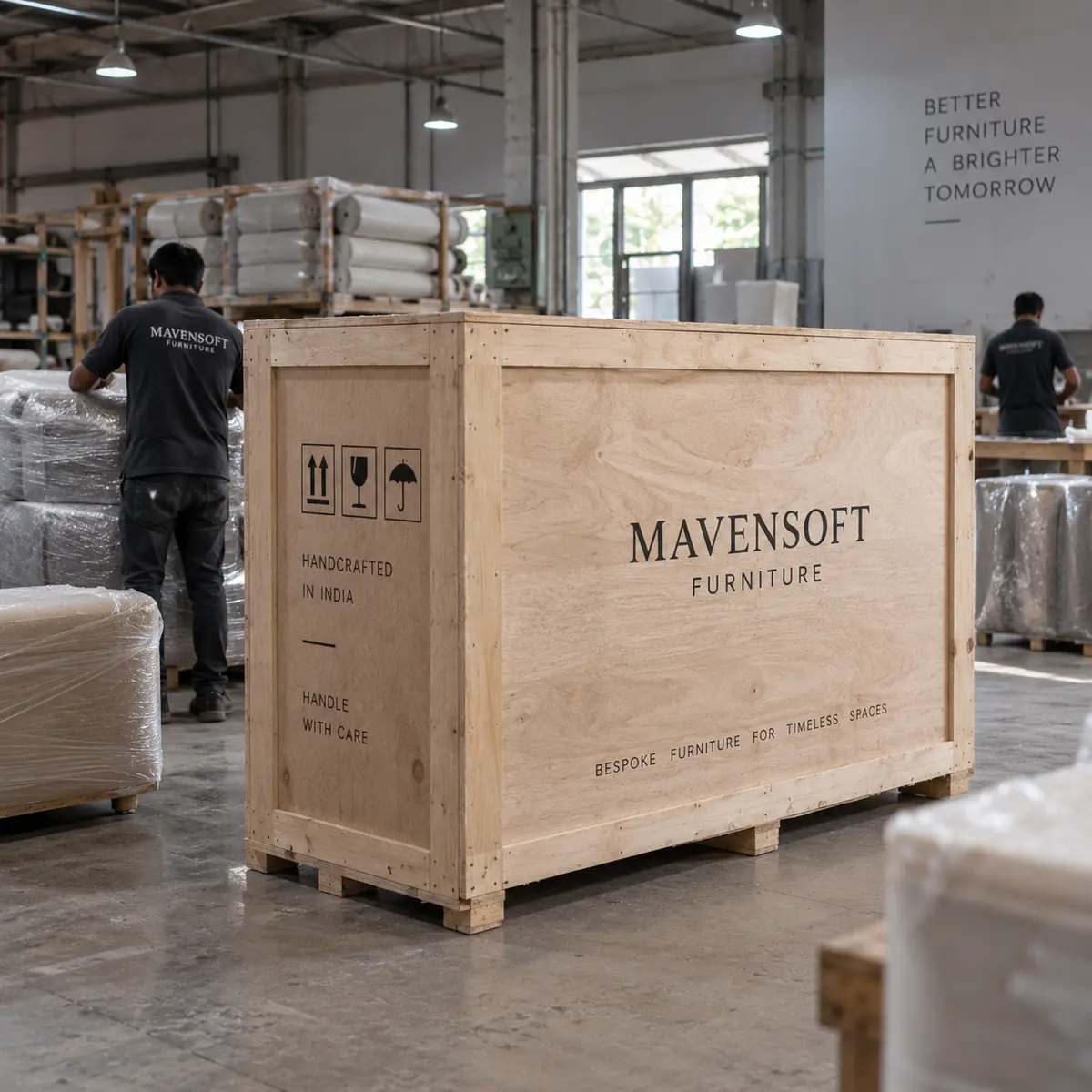 A Mavensoft Furniture branded export crate on the factory floor, handcrafted in India