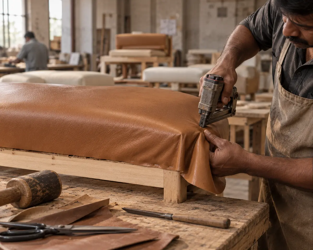 An upholsterer's hands stretching camel leather over a wooden seat frame and stapling it in place on the factory floor