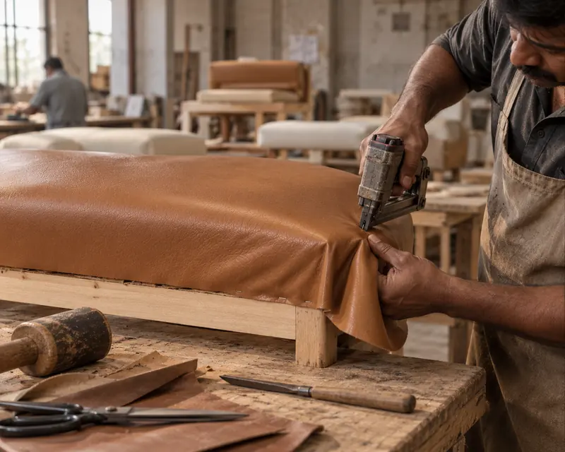 An upholsterer's hands stretching camel leather over a wooden seat frame and stapling it in place on the factory floor