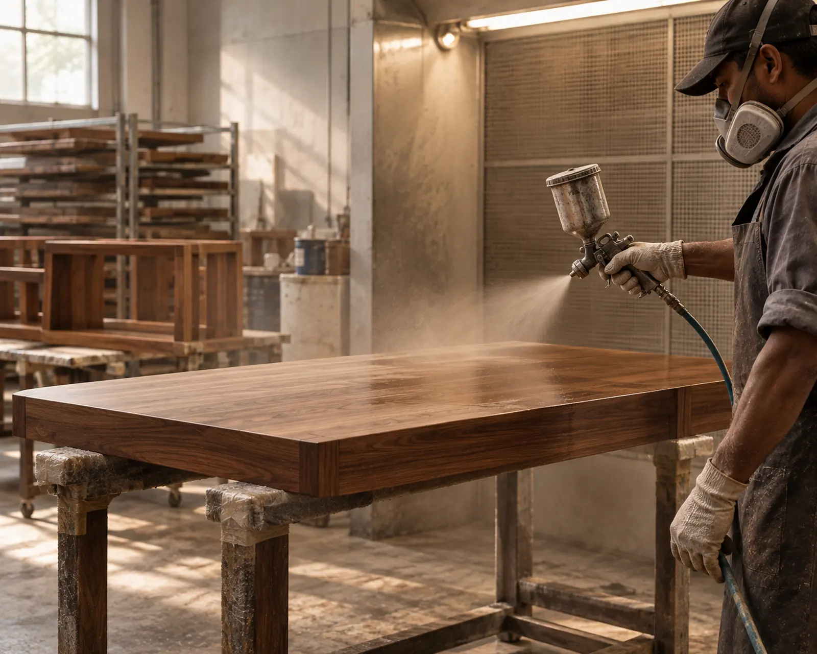 A craftsperson in a respirator spray-finishing a solid walnut tabletop in the factory's finishing booth