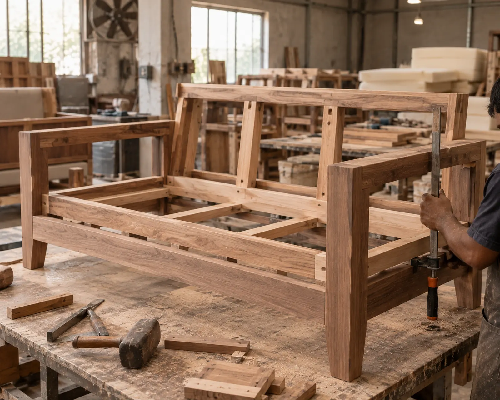 A solid walnut sofa frame under construction on the factory floor, a craftsperson clamping a joint while it is glued