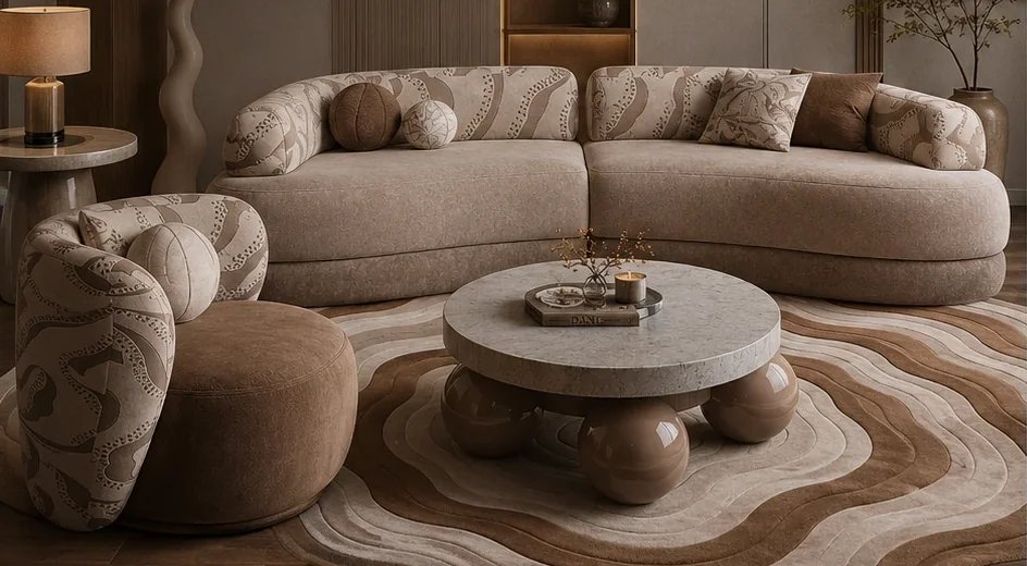 The Agora lounge set: a long curved beige sofa and a round patterned chair around a round table