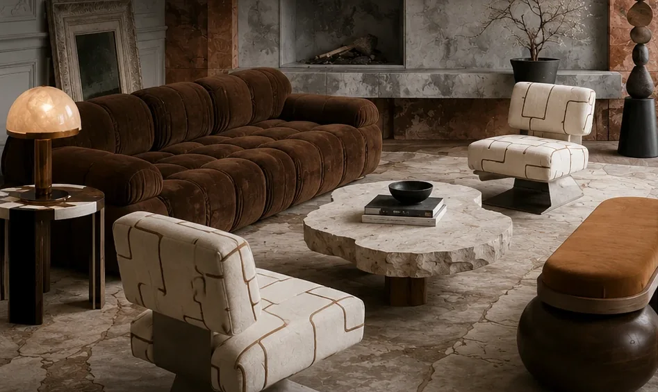 The Bello lounge set: a channel-tufted brown velvet sofa with two cream patterned accent chairs on bronze bases