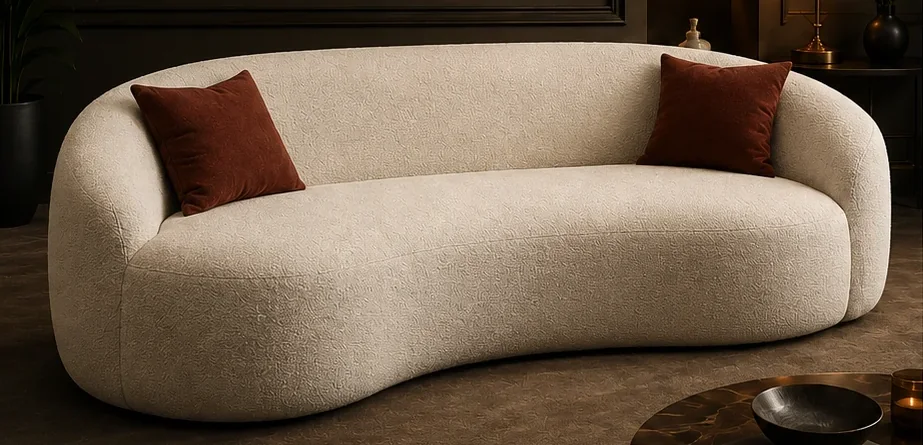 The Dazee lounge sofa in cream bouclé with two rust cushions, in a dark living room with a round table