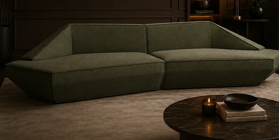 The Geo Horizon sofa in forest green, a long low sofa with angular faceted arms, in a dark living room