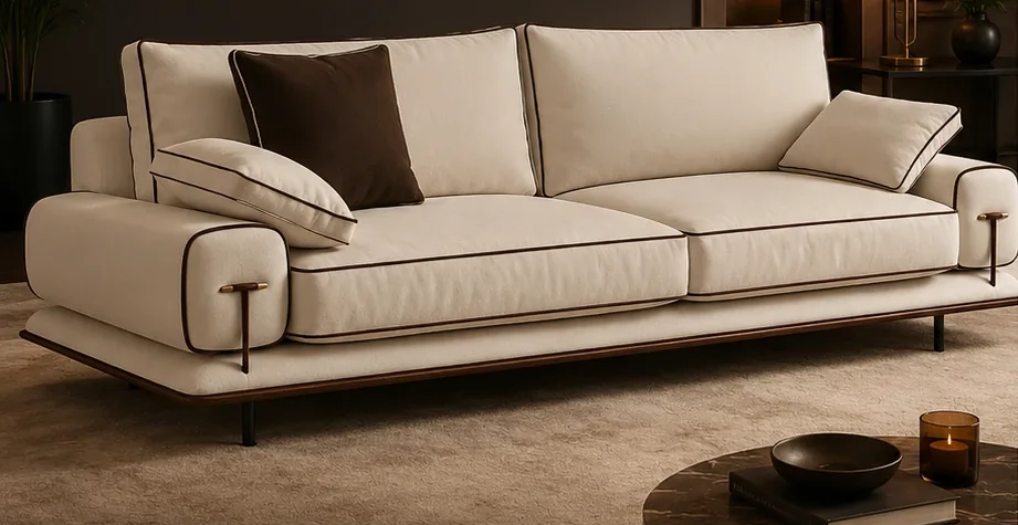 The Linea platform sofa in ivory fabric with brown piping, a timber platform base and metal legs
