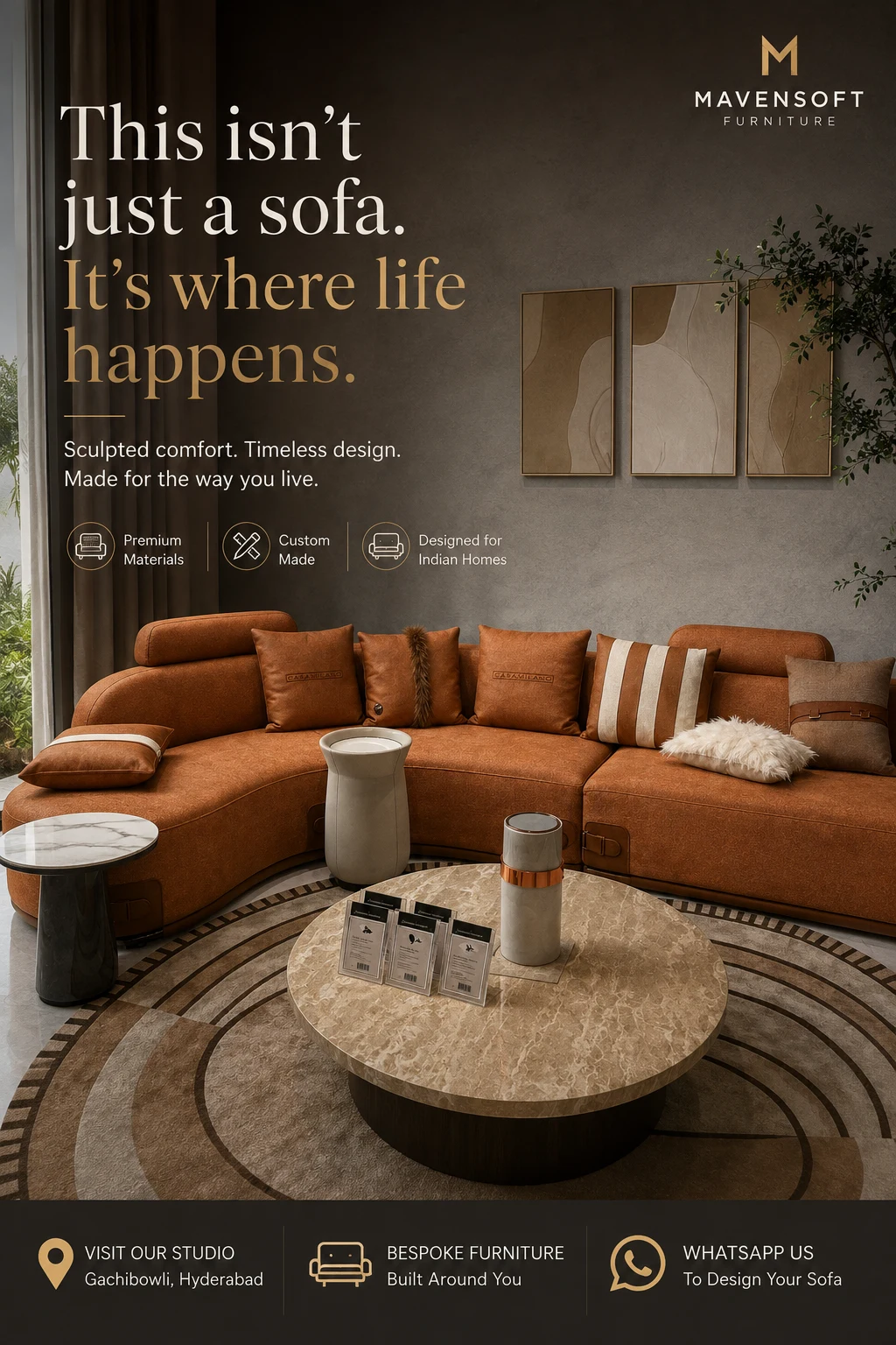 Terracotta curved custom sofa in modern Hyderabad living room