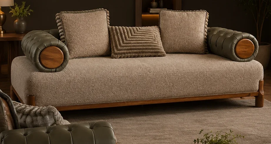 The Timber Tuft sofa in beige bouclé with tufted olive-green bolster arms and a timber base