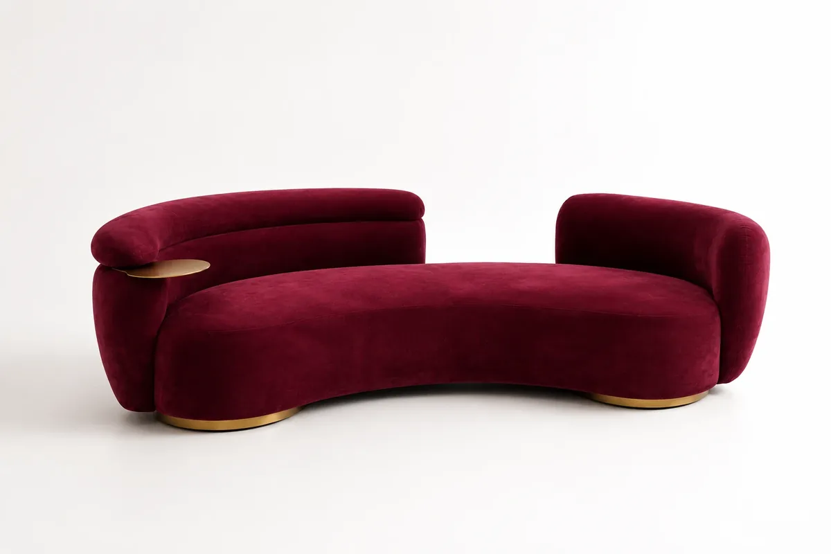 The Curva lounge sofa in burgundy velvet with a brass base and a brass tray at the arm, on a plain studio background