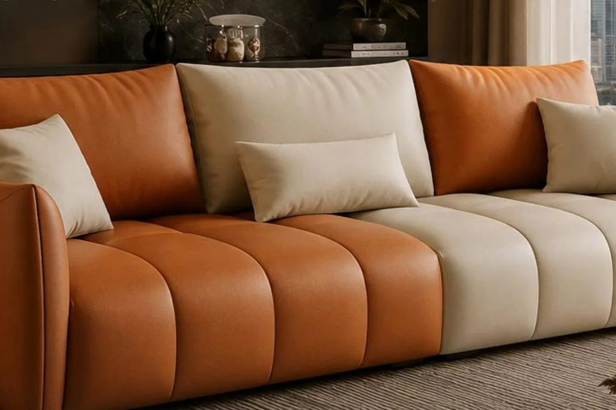 The Lorenzo sofa in tan and ivory leatherette with channel tufting and loose back cushions, in a living room