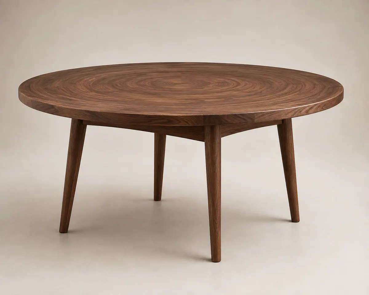 The Mandala Centre Table, a round solid-timber table whose top is laid up so the grain radiates from the centre