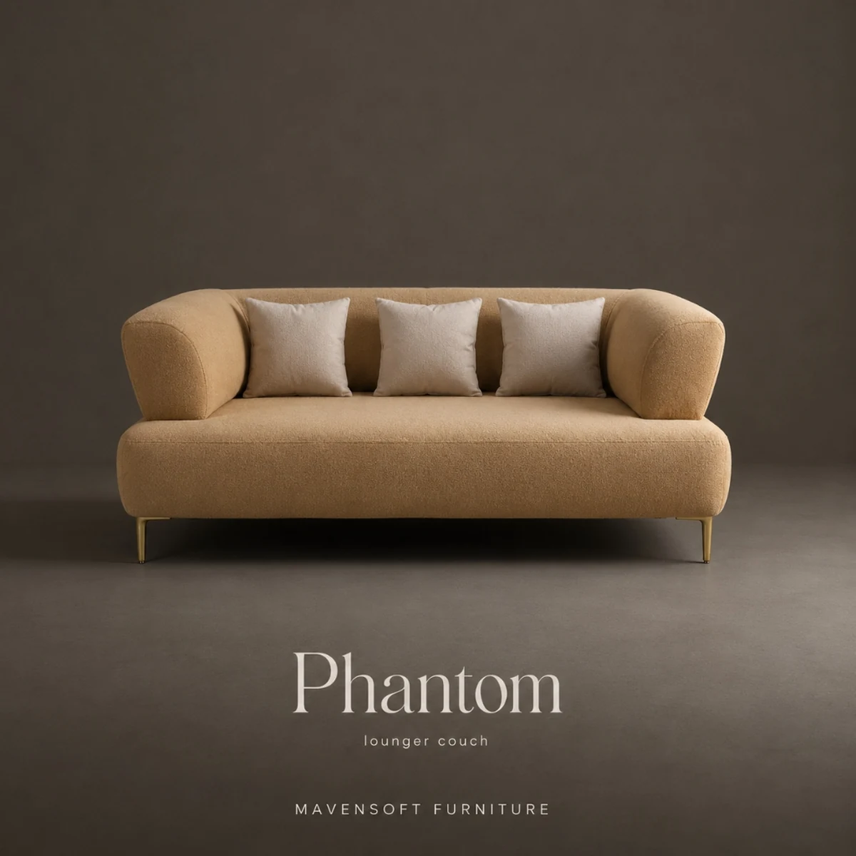 Phantom Lounger Couch in warm camel bouclé with tapered brass legs