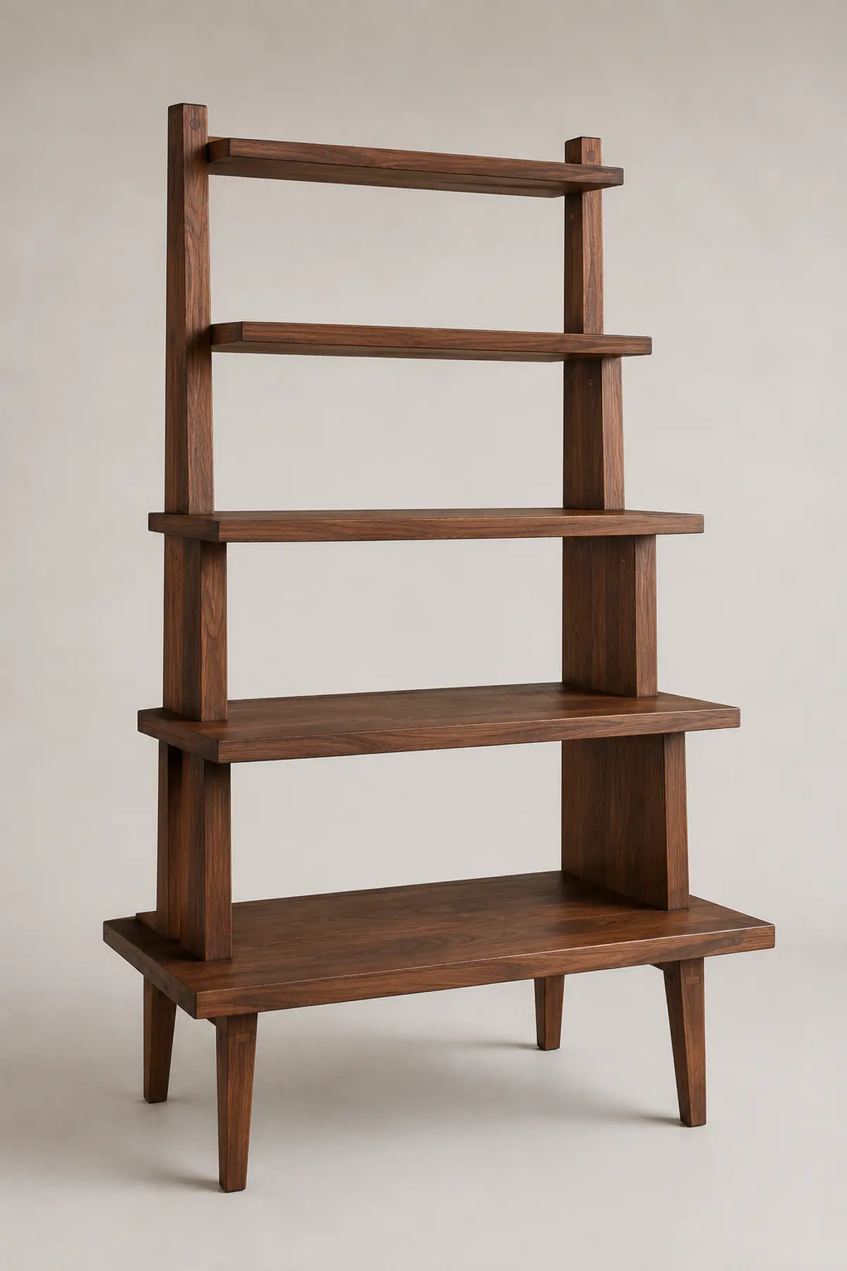The Sopana Shelf, an open shelving unit in solid timber whose five tiers step progressively forward as they descend
