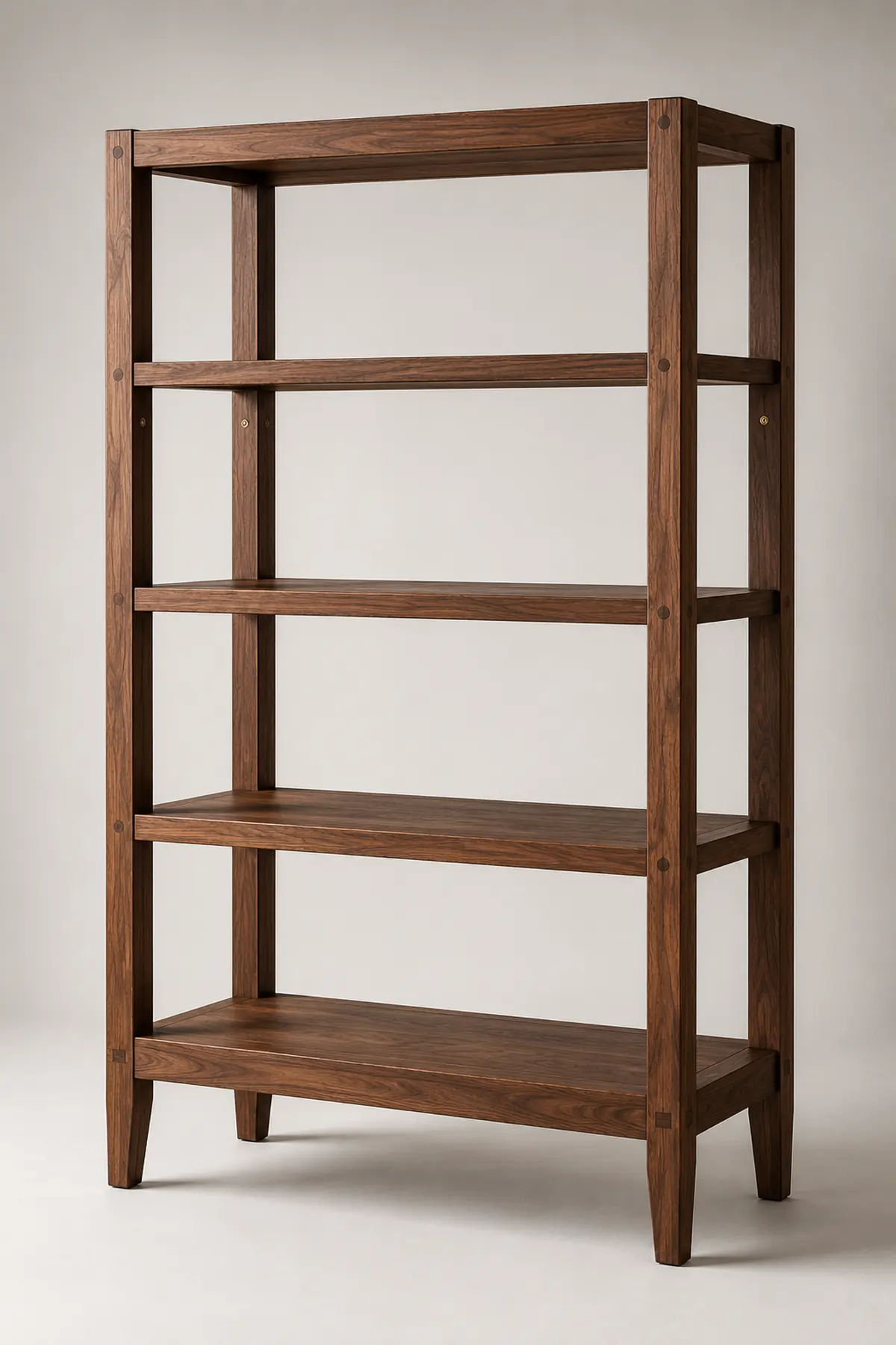 The Stambha Shelf, an open five-shelf unit in solid timber built on four corner posts with visible pegged joints