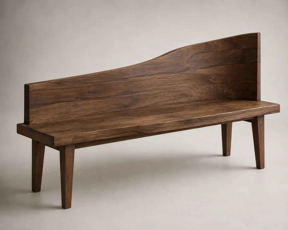 The Taranga Bench, a long solid-timber bench whose back boards sweep upward in a single curve