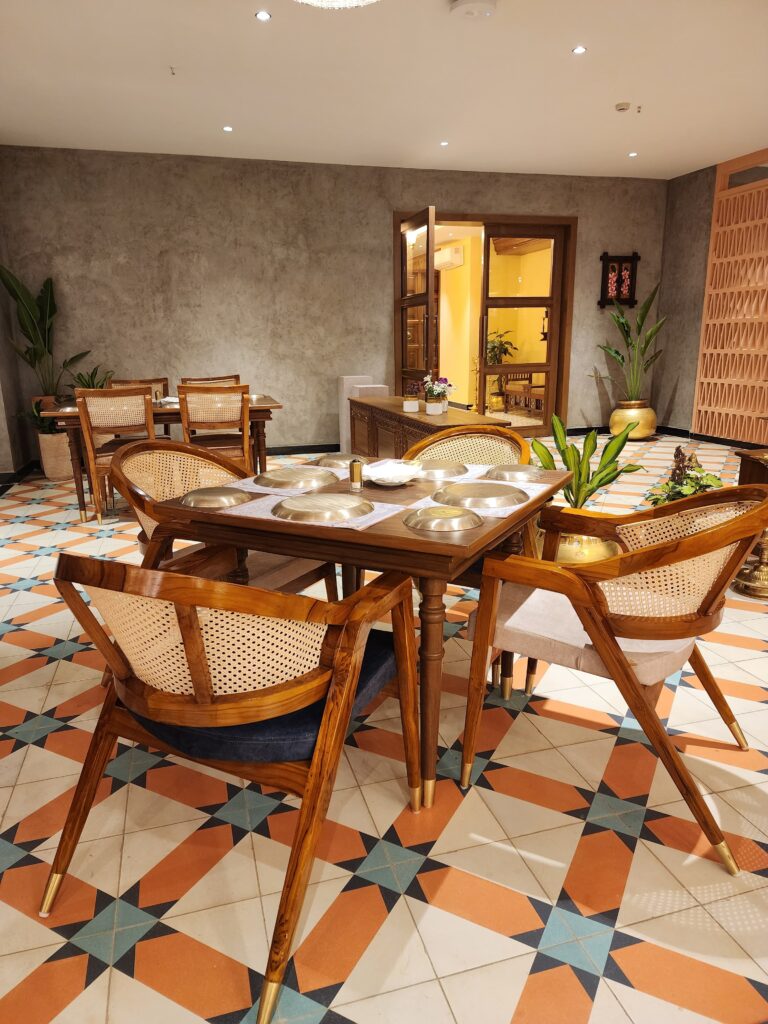 wooden dining table with rattan cane